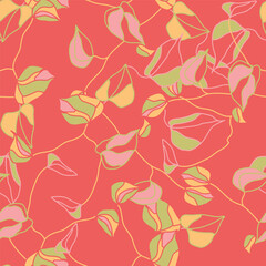 Abstract nature contemporary seamless pattern. Hand drawn flower and leaf shape textures. Repeatable vibrant boho prints. Vector illustration. 