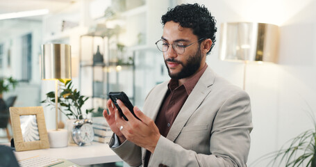 Phone, professional and business man in office for online news, email networking and research....