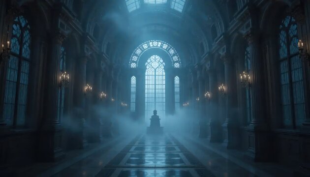 Mystical architectural hall shrouded in spectral fog and ethereal illumination