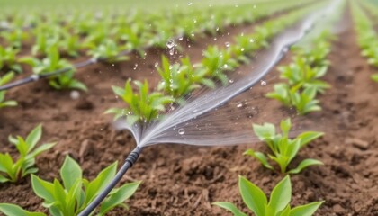 Precise irrigation system sustains vitality of seedling crop rows closely observed