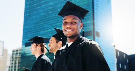 City, portrait and student with man graduate outdoor for celebration or education event. Future,...