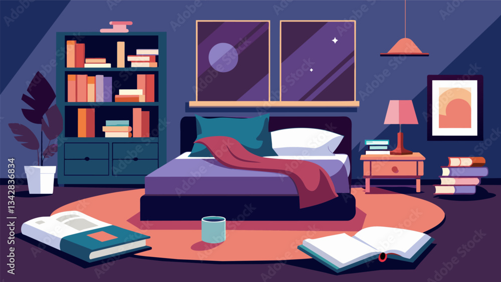 Poster a luxurious bedroom with a plush rug and a stack of magazines inviting a relaxed evening without the
