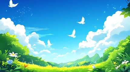Obraz premium Birds fly over flowers in meadow against sky; nature background for wallpaper