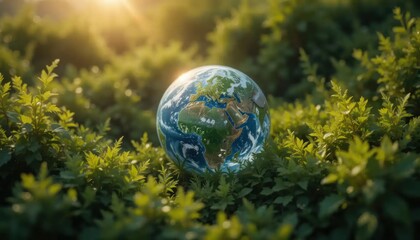 World globe resting amid vibrant greenery under the warm sunlight, depicting unity