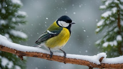 Obraz premium Colorful Great Tit Perched on a Branch in a Snowy Forest