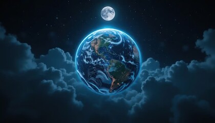 Ethereal Earth: A glowing planet surrounded by clouds beneath the moonlit sky