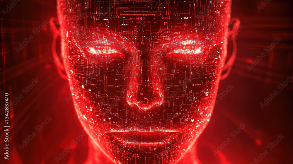 Poster futuristic ai face with glowing red circuitry, representing advanced technology and intelligence