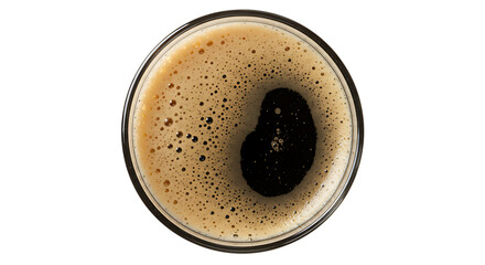 Glass of dark stout beer with foam, isolated on white, top view, clipping path