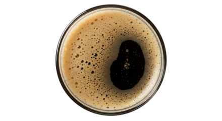 Glass of dark stout beer with foam, isolated on white, top view, clipping path