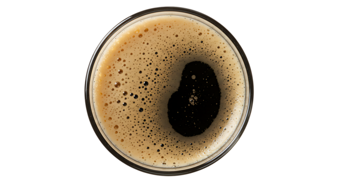 Glass of dark stout beer with foam, isolated on white, top view, clipping path
