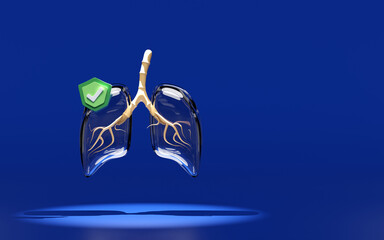 3d human lung transparent with shield, check mark isolated on blue background. world pneumonia day, check lung health, organs concept, copy space, 3d illustration render
