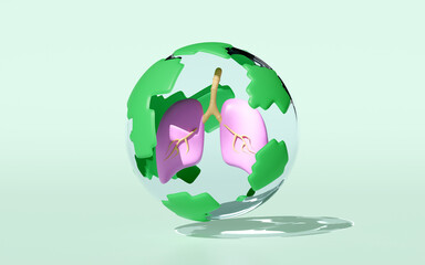 3d realistic human lung in globe transparent with check mark isolated on green background. health love, world pneumonia day concept, 3d illustration render