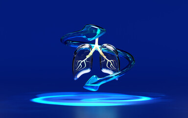 3d realistic human lung with arrow transparent isolated on blue background. check lung health, health love, world pneumonia day, concept, 3d illustration render