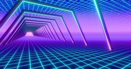 Futuristic glowing neon gate and wireframe background. Shining grid planes and gates in perspective. Bright retro digital horizon. Sunset and starry sky. 3D rendering.