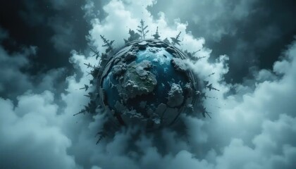 Surreal planetary sphere with coniferous trees amidst swirling atmospheric cloudscapes