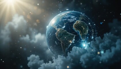 Interconnected Earth: A global network amidst celestial clouds and radiant light