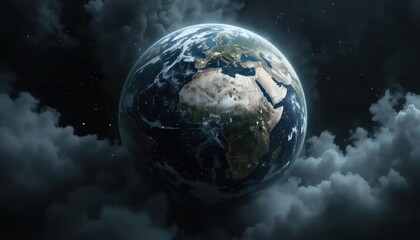 Earth illuminated in cosmic embrace, surrounded by ethereal clouds and starlight