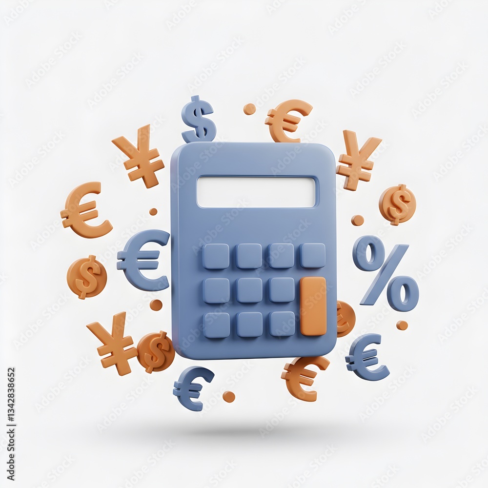 Poster calculator and currency symbols 3d render: financial calculations and global finance