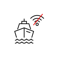 Cruise ship and no wi-fi symbol. Offline travel in deep sea. Disconnected digital detox vacation. Pixel perfect vector icon