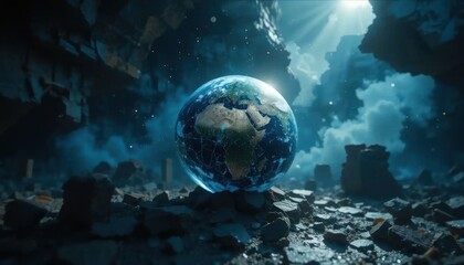 Earth's Fragile Beauty: Globe Resting on Ruins Promotes Environmental Awareness