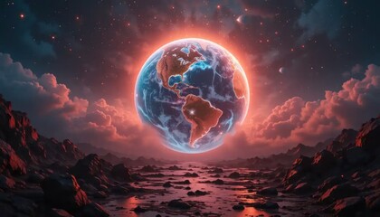 Planet Earth rising above an alien world, bathed in cosmic light and wonder