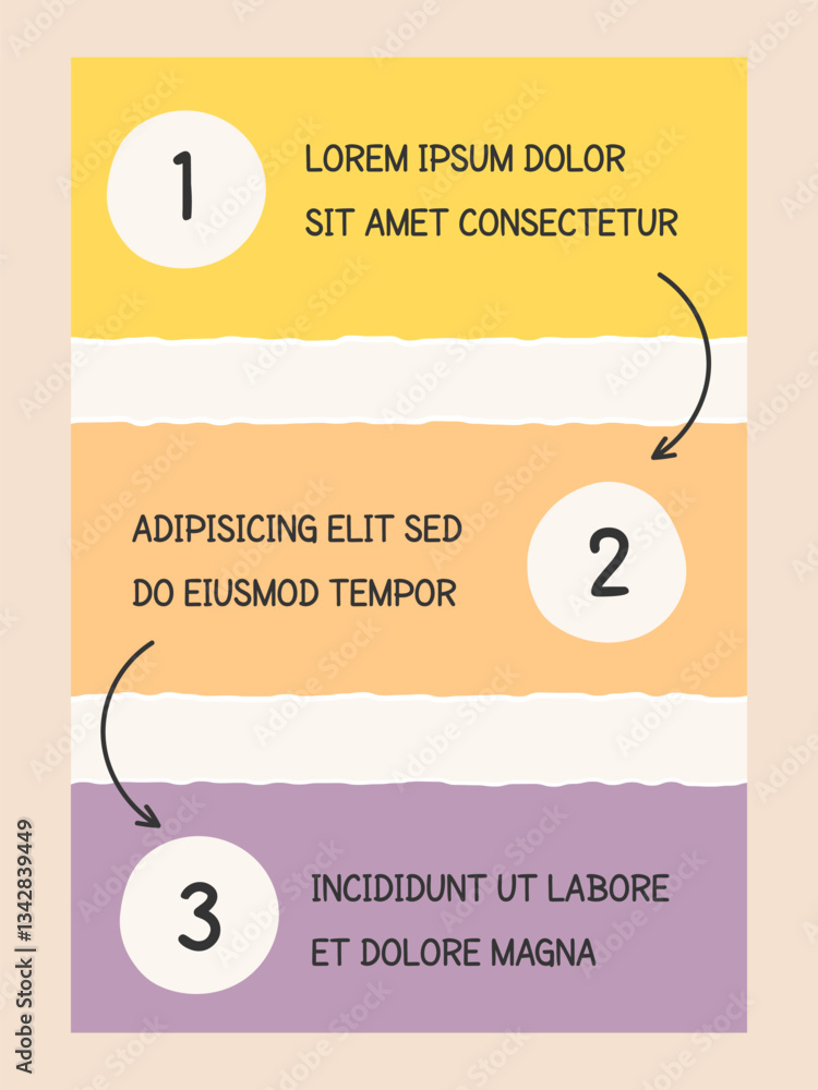 Poster hand drawn infographic template with three elements for text with numbers connected with arrows, vec