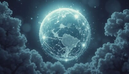 Dreamlike network sphere illuminating dreamlike vista amidst celestial clouds