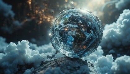 Futuristic Earth: Technological Globe Floating Amidst Ethereal Clouds