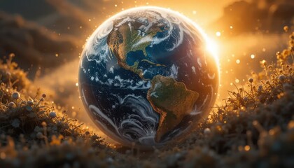Fragile Earth in golden light amidst emerging flora displays ecosystem balance