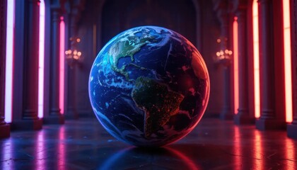 A futuristic view of planet earth in a glowing hall, showing the Americas
