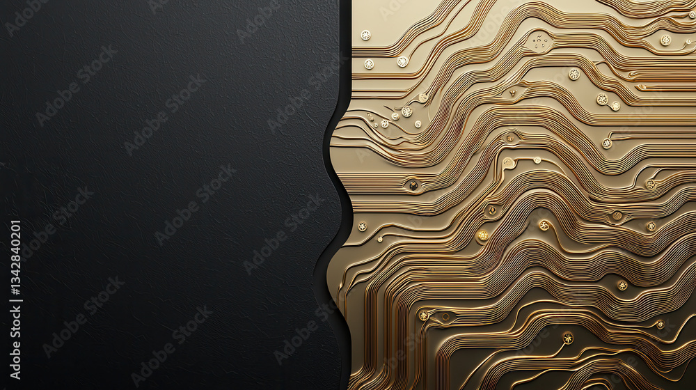 Poster golden circuit design with smooth transitions on dark background, showcasing modern technology and e