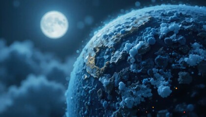 Mystical celestial sphere with rugged terrain beneath the glow of a distant moon
