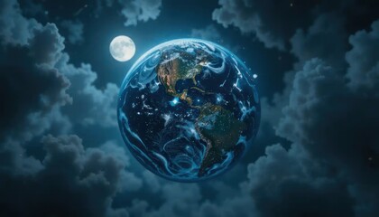 Mystical Earth Rests Amidst Fluffy Clouds Underneath a Bright Lunar Glow at Night