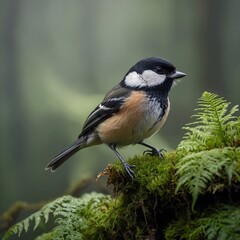 Obraz premium Graceful Coal Tit Resting on Mossy Branch, Surrounded by Ferns in a Foggy Woodland Scene