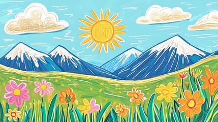 Fototapeta premium A whimsical depiction of nature with crayon-drawn clouds and a scenic land.