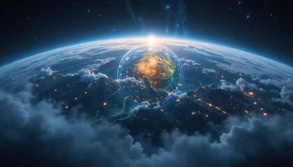 Interconnected Earth: Global network connectivity with rising sunrise glow effect
