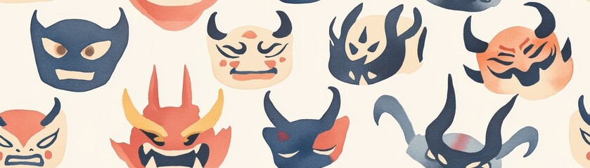 Dark Aesthetic Watercolor Seamless Pattern of Mask Designs