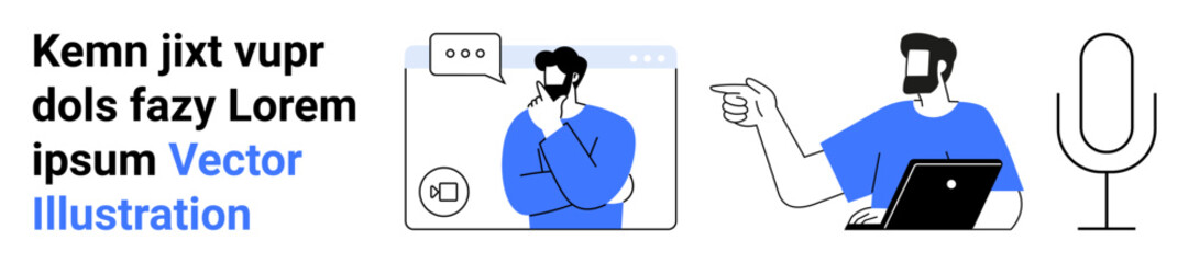 Man thinking during video call, another using laptop, large microphone. Ideal for communication, remote work, podcast, technology, brainstorming, networking flat landing page banner