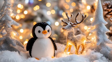 Stuffed penguin by reindeer plush snow covered trees behind