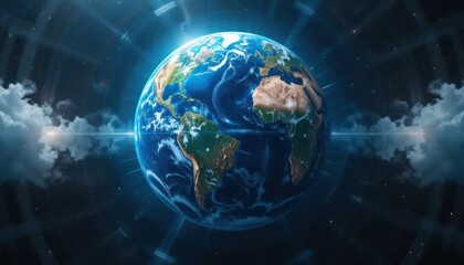 Futuristic Earth Globe in Deep Space Enhanced by Technology and Digital Grids