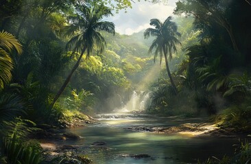 Lush jungle valley waterfall, sunbeams