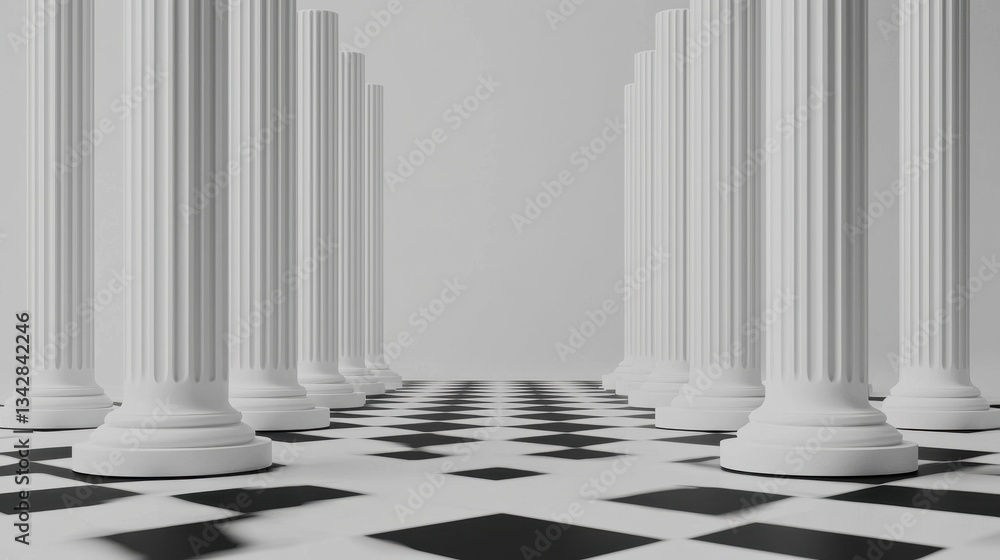 Poster elegant white columns on a checkered floor in minimalist setting