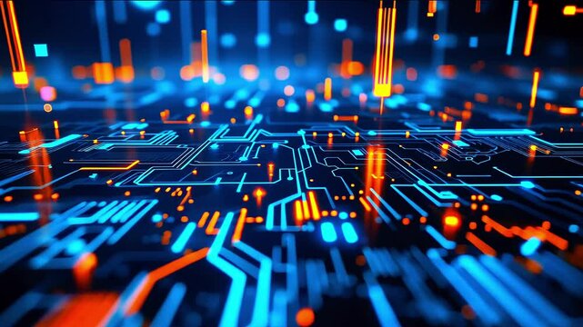 Abstract digital circuitry with glowing lines and dots, representing technology and innovation
