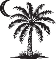 Black Silhouette of Palm Tree and Crescent Moon Vector