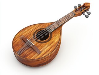 Detailed Wooden Mandolin with Strings and Classic Design, Isolated on White Background, Traditional Musical Instrument