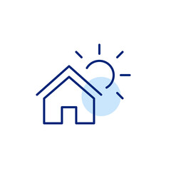 House and sun. Solar heating and cooling, self-sufficient housing. Solar-powered buildings. Pixel perfect, editable stroke icon 