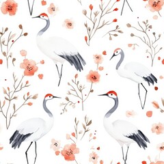 Hand-Painted Watercolor Seamless Pattern with Cranes and Flowers