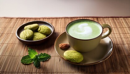 A calming, Japanese-inspired scene with a frothy matcha latte in a ceramic cup.