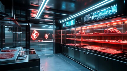Raw Meat Displayed on Shelves with Red Lights in Modern Setting