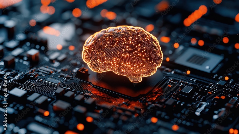 Poster glowing brain on circuit board representing technology and innovation